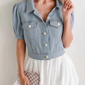 Button Up Puff Sleeve Cropped Denim Jacket