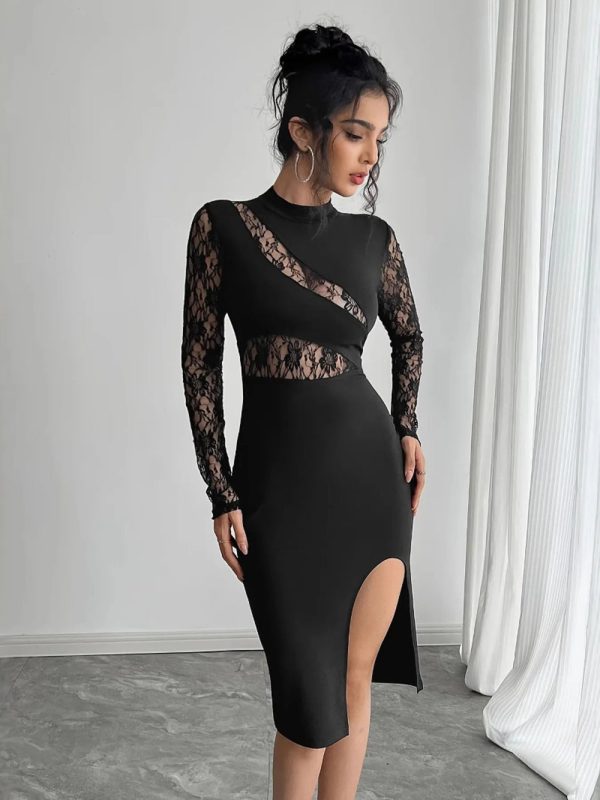 Lace Mock Neck Slit Dress Sale price