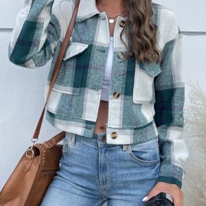 Perfee Plaid Button Up Drop Shoulder Cropped Jacket